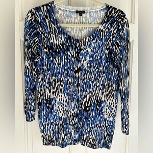 NWOT Talbots Blue and Black 3/4 Sleeve Animal Print Cardigan Sweater